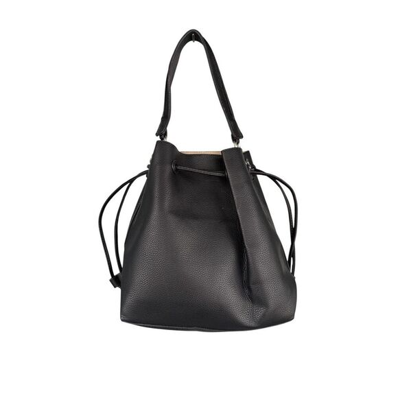 Pebbled Vegan Leather Drawstring Detachable Strap Bucket Bag Black - Picture 3 of 8